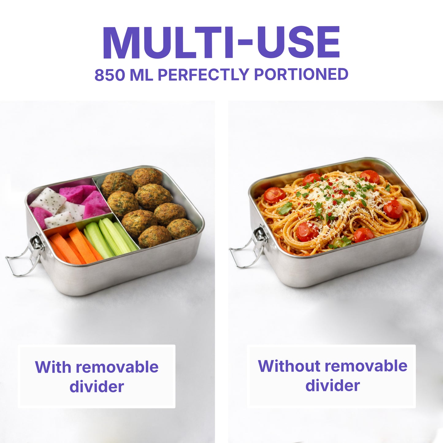 Stainless Steel Bento Box, Small 850ml Metal Lunch Box for Kids & Adults, 29oz Leak-Proof, No Mix up Lunch Food Container with Removable Divider & Sauce contain