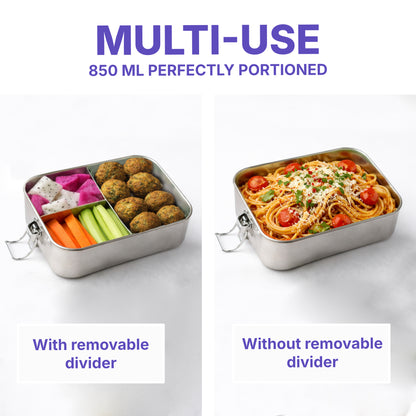 Stainless Steel Bento Box, Small 850ml Metal Lunch Box for Kids & Adults, 29oz Leak-Proof, No Mix up Lunch Food Container with Removable Divider & Sauce contain