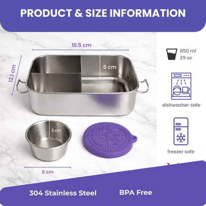 Stainless Steel Bento Box, Small 850ml Metal Lunch Box for Kids & Adults, 29oz Leak-Proof, No Mix up Lunch Food Container with Removable Divider & Sauce contain